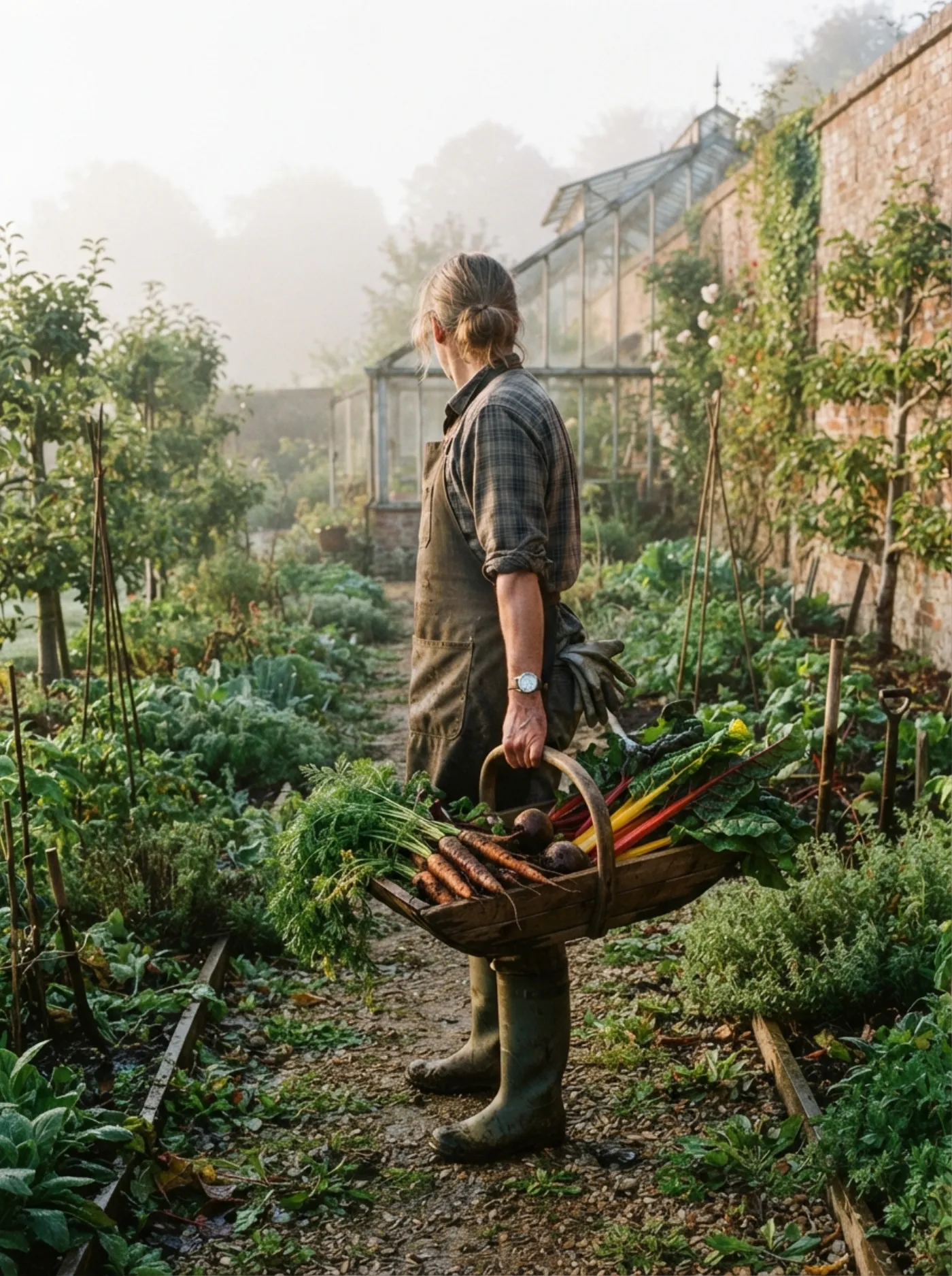 A gardener lifting a trug of just-picked carrots, beetroot and chard