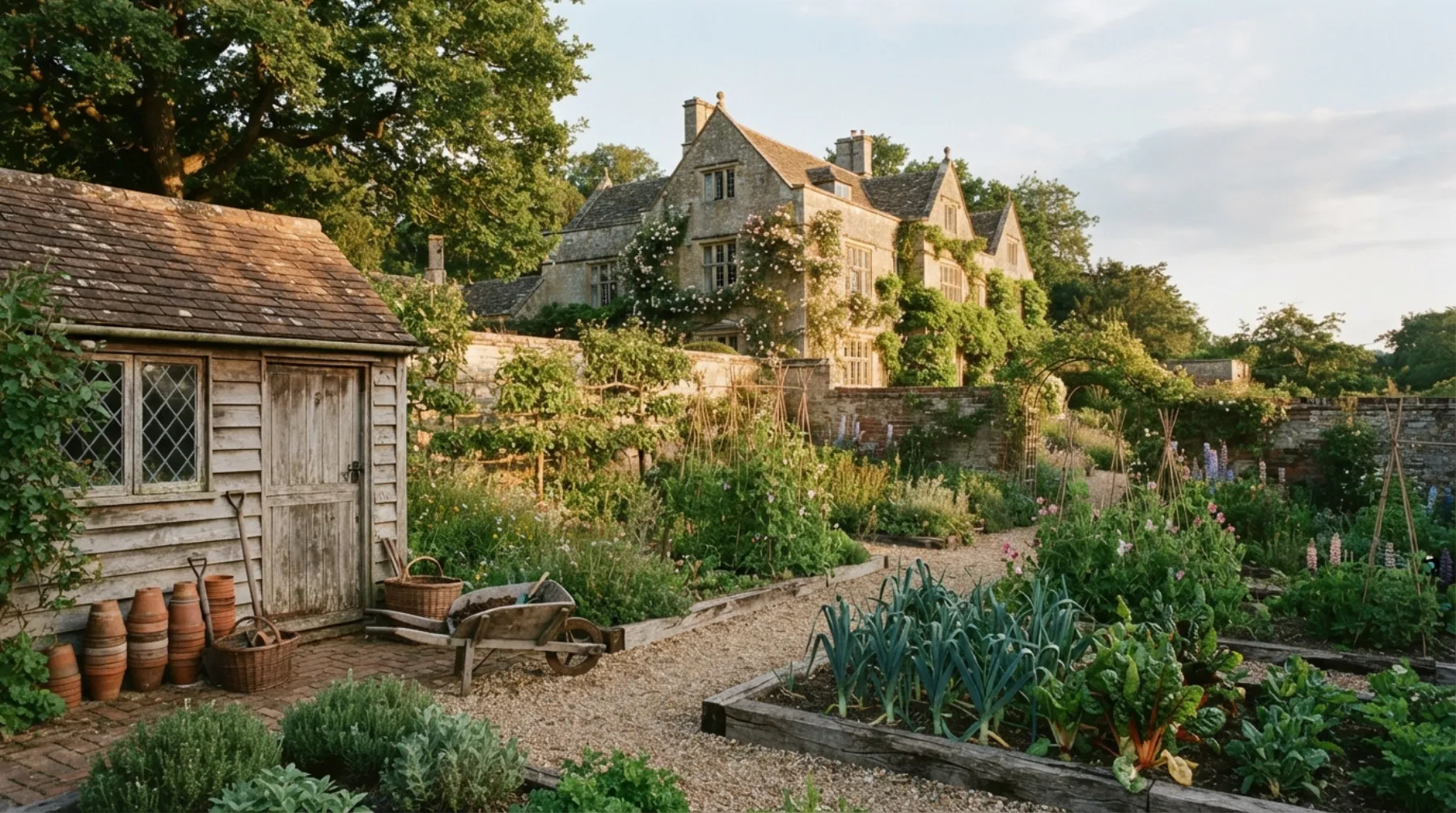 A stone country house at golden hour behind its kitchen garden and potting shed