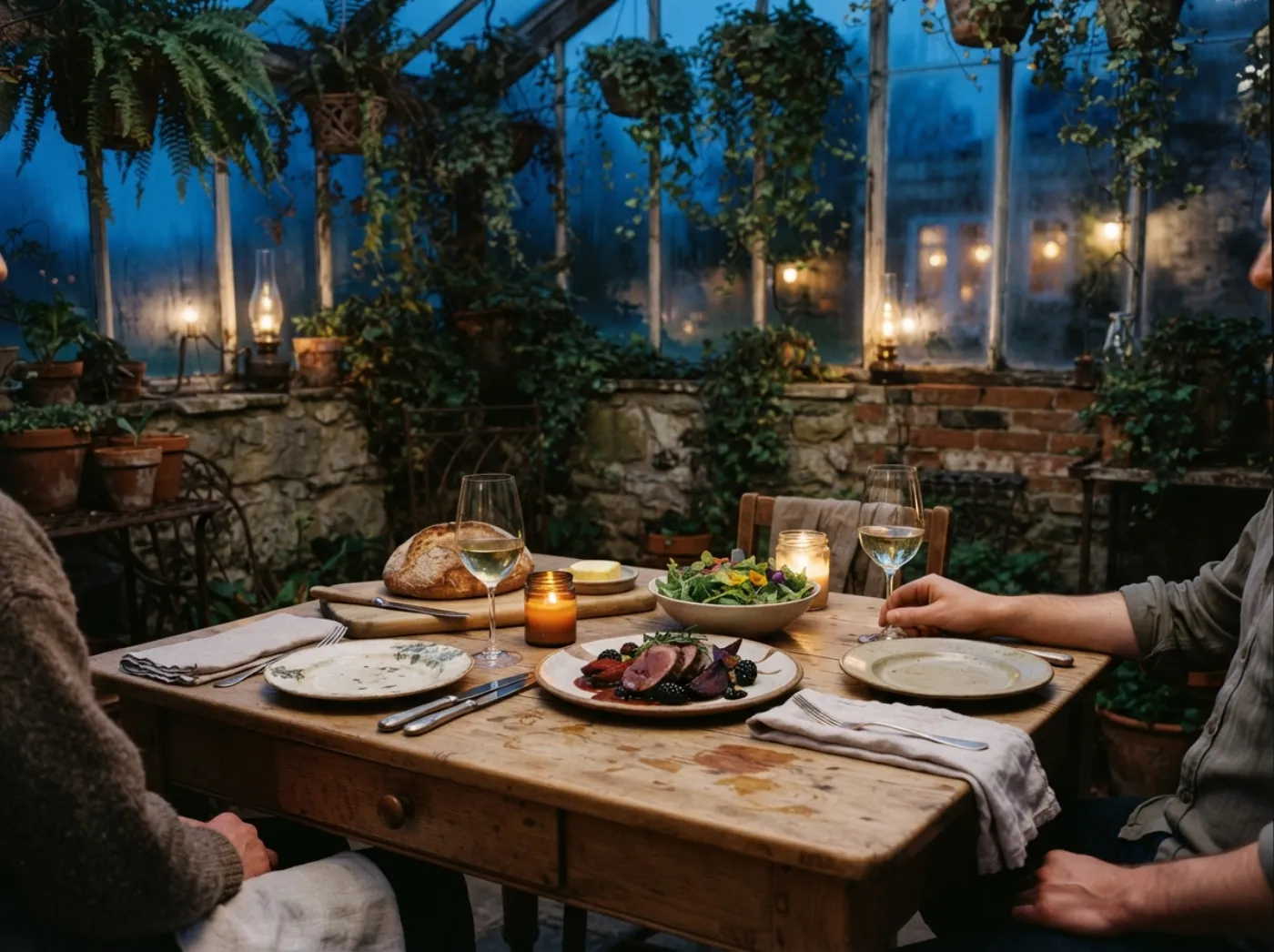 Venison, beetroot and blackberries on a candlelit table in the greenhouse